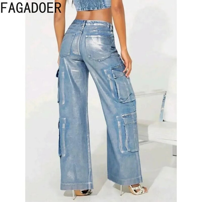 FAGADOER-pantalones Cargo brillantes con bolsillos para mujer, Pantalón recto de cintura alta con botones, Color sólido, a juego
