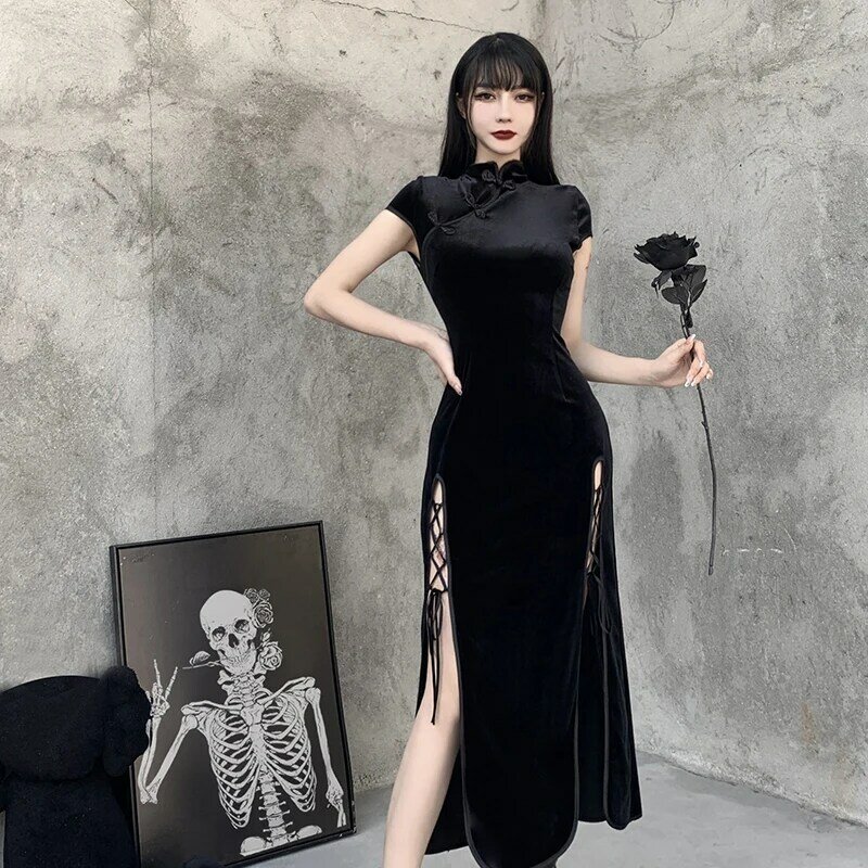 Cheongsam estilo chinês de alta divisão de veludo feminino, bandagem preta vintage, gótico qipao, vestido longo estético retrô, primavera, 2022