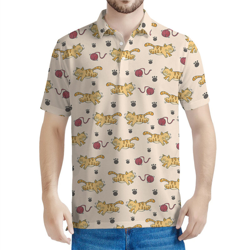 メンズかわいい猫柄ポロシャツ,3D漫画の動物のTシャツ,半袖トップス,ゆったりとしたTシャツ,夏