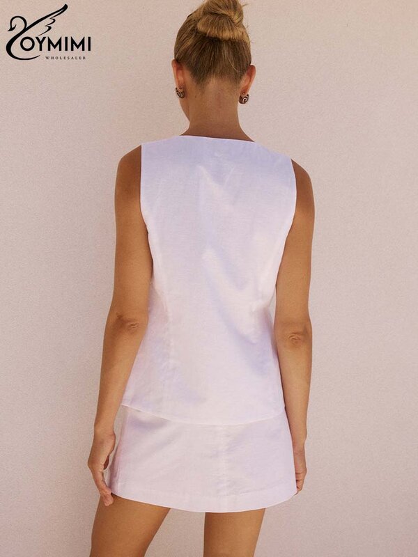 Oymimi-Conjunto de 2 piezas de algodón blanco para mujer, Tops sin mangas con cordones y cuello en V, minifaldas rectas de cintura alta, Verano
