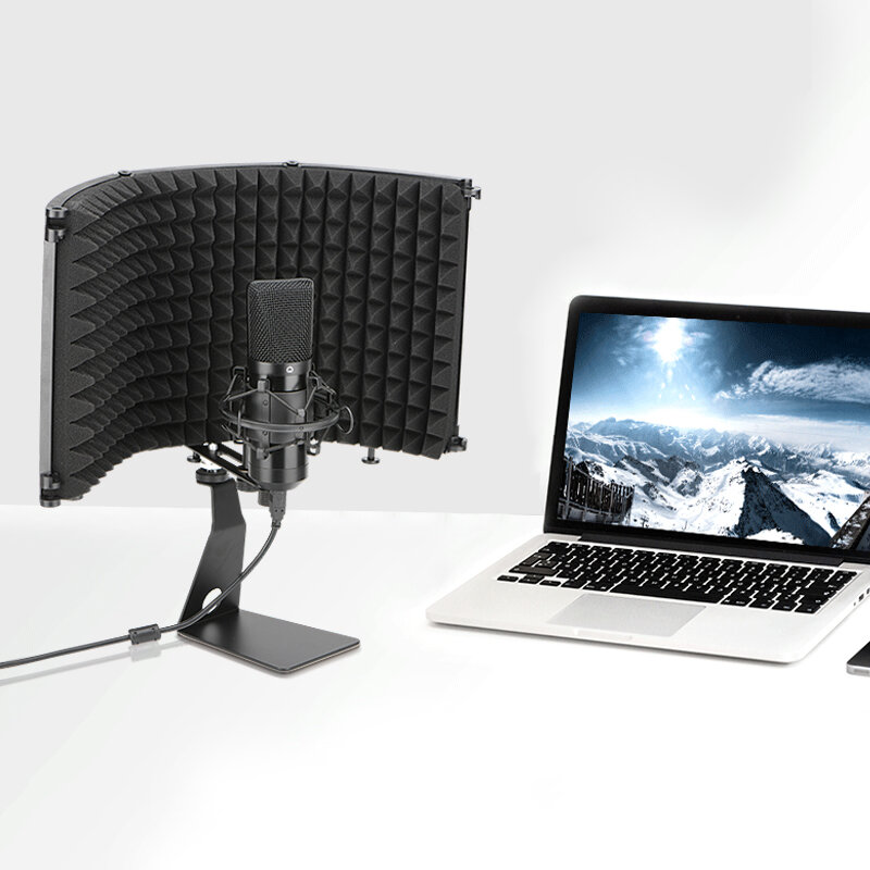 FREEBOSS mikrofon 3 5 Panel, pelindung kaca depan dapat dilipat busa layar akustik dengan dudukan untuk merekam siaran langsung FB-PS68(9)