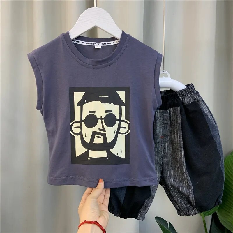 Children's Summer Clothing Set 2023 New Children's Handsome Vest Top Shorts Clothing Baby Summer Fashionable Two Piece Set