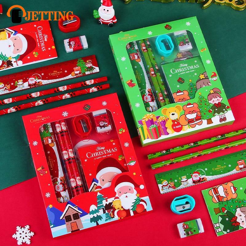 Seri alat tulis Natal 6 buah/set (penggaris + pensil + penghapus + rautan pensil + pad Memo) Kit hadiah alat tulis anak-anak siswa