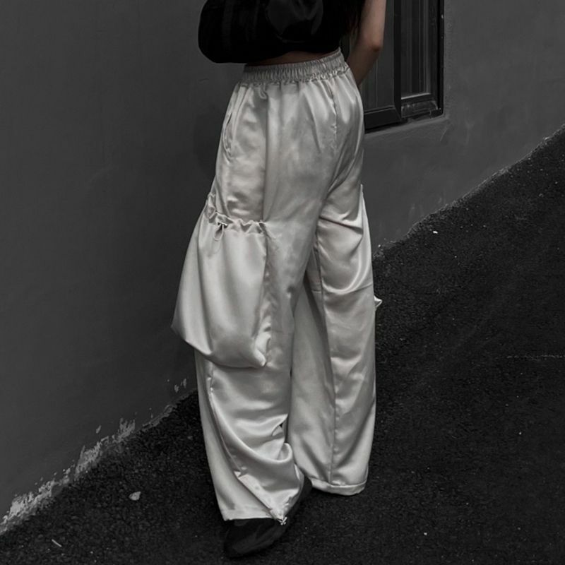 Deeptown-Calças femininas grandes de cetim, moda coreana, calças largas de verão, calças finas com bolsos, moda Harajuku, Y2k, Y2k