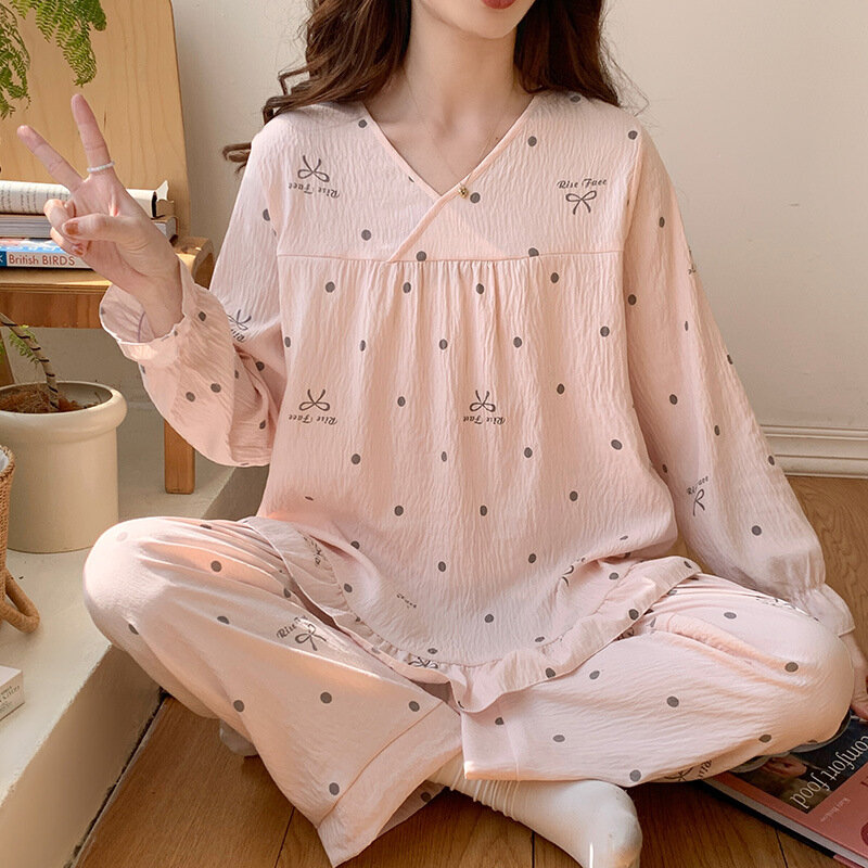 Spring Thin Cloud Cotton Home Wear Female V-neck Simple Print Pajamas Long Sleeve Trouser Two-piece Set Home Clothing for Women