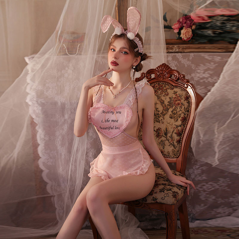 Różowa koronka przeźroczyste damskie body z odkrytymi krokami kostium króliczka Anime kostiumy Cosplay z siateczką przez egzotyczne body bez krocza