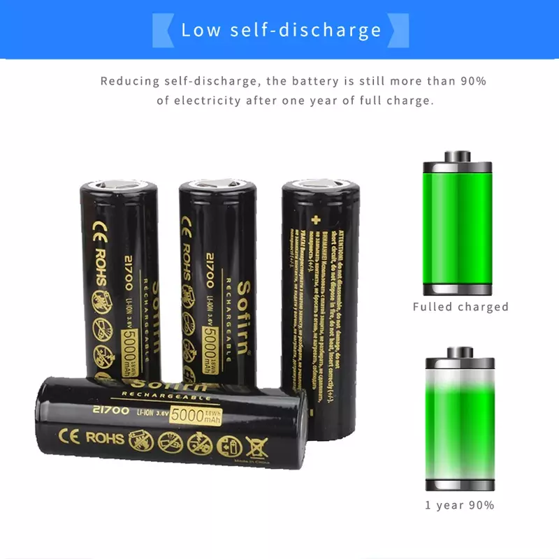 Bateria de lítio Sofirn Capacidade Reall, Cabeça chata, 3.7V, 48A, Descarga 10C, HD Cell, 21700, 5000mAh