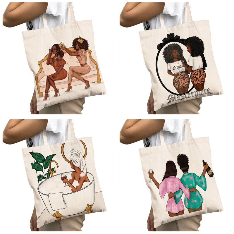 Casual African Girl Big Capacity Shopping Bags for Women Reusable Double Print Beautiful Black Fashion Lady Canvas Shopper Bag ​