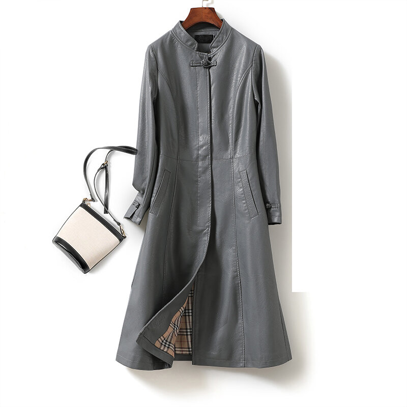 Casaco de couro genuíno feminino, gola feminina, bolso de botões, casaco de couro longo, senhora do escritório, moda outono, 2023