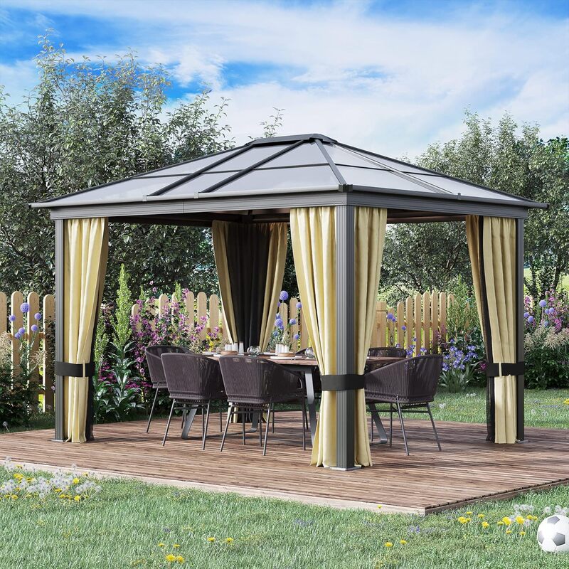 Outdoor Gazebo Canopy with Polycarbonate Roof, Aluminum Frame, Permanent Pavilion Outdoor Gazebo with Netting, for Patio, Garden