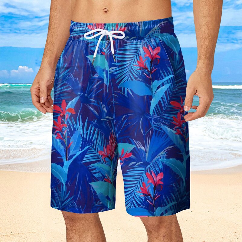 شورت شاطئ هاواي للرجال ، زهرة مطبوعة ثلاثية الأبعاد ، سراويل قصيرة غير رسمية ، ملابس سباحة بأربطة مرنة ، سروال سباحة