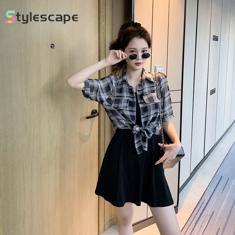 2024 Summer New Age Reducing Two Piece Set for Women's Checkered Sunscreen Shirt Paired with Black Strap Dress Two Piece Set