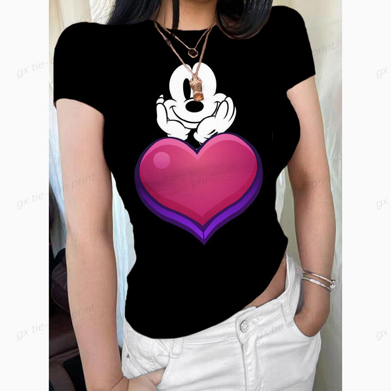 Disney-Top de flores estampado de mickey mouse feminino, moda coreana, blusa apertada com gola O, camiseta básica de manga curta