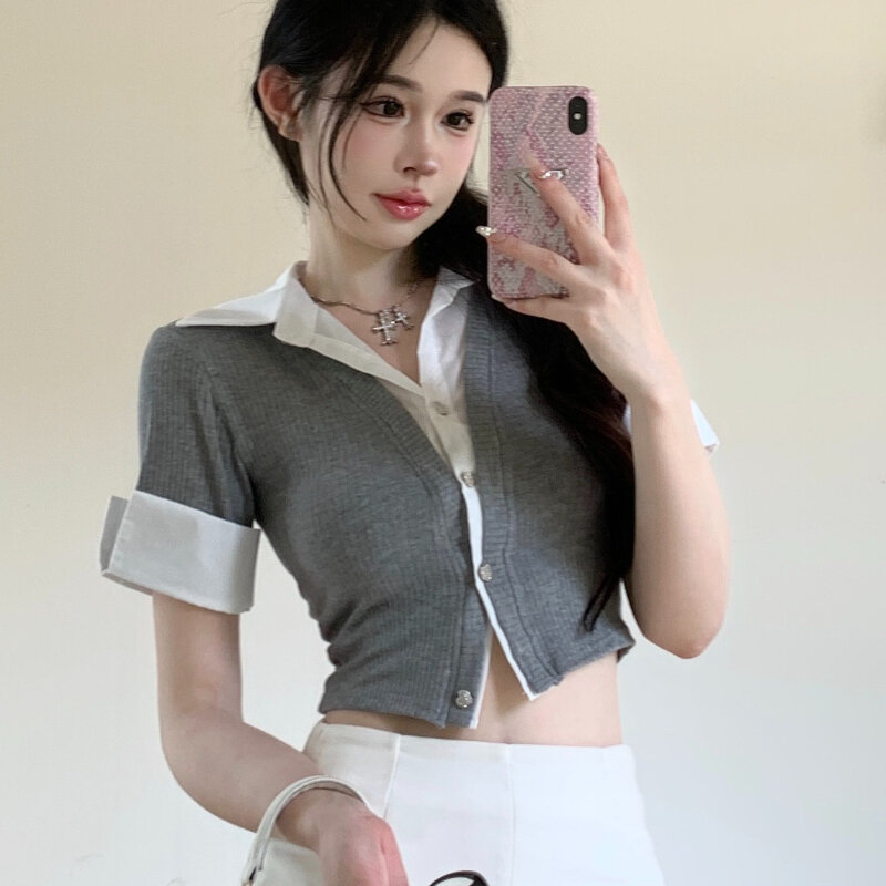 Camisa de dos piezas falsas para mujer, botonadura única, ajustada, estudiantes diarios, cómoda, combina con todo, estilo coreano, Harajuku