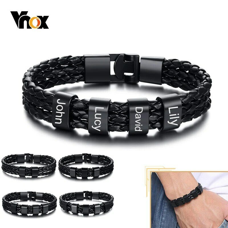 Vnox personalizza i braccialetti con nome di famiglia per uomo in pelle intrecciata a strati neri con ciondoli in acciaio inossidabile regalo di natale personalizzato