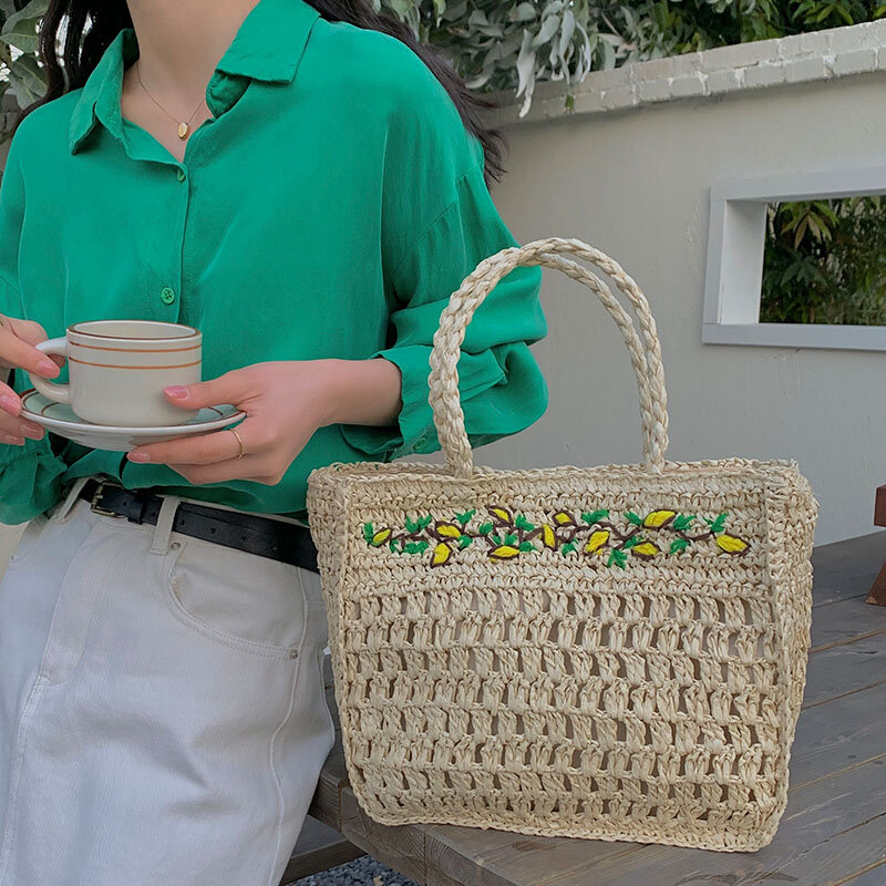 Bolsas casuais de palha de limão para mulheres sacola grande de papel, bolsas crossbody de praia artesanais, bolsas grandes de compras, verão 2019