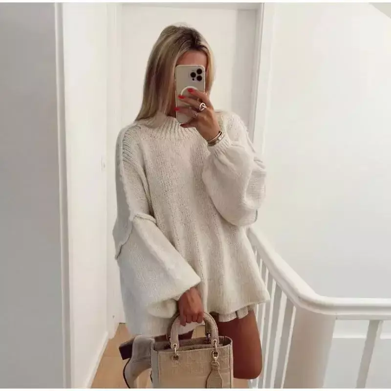 Solid Knit Ribbed O-neck Loose Women Pullover Lantern Sleeve Drop Shoulder Oversized Sweater 2023 Autumn Chic Casual Streetwears