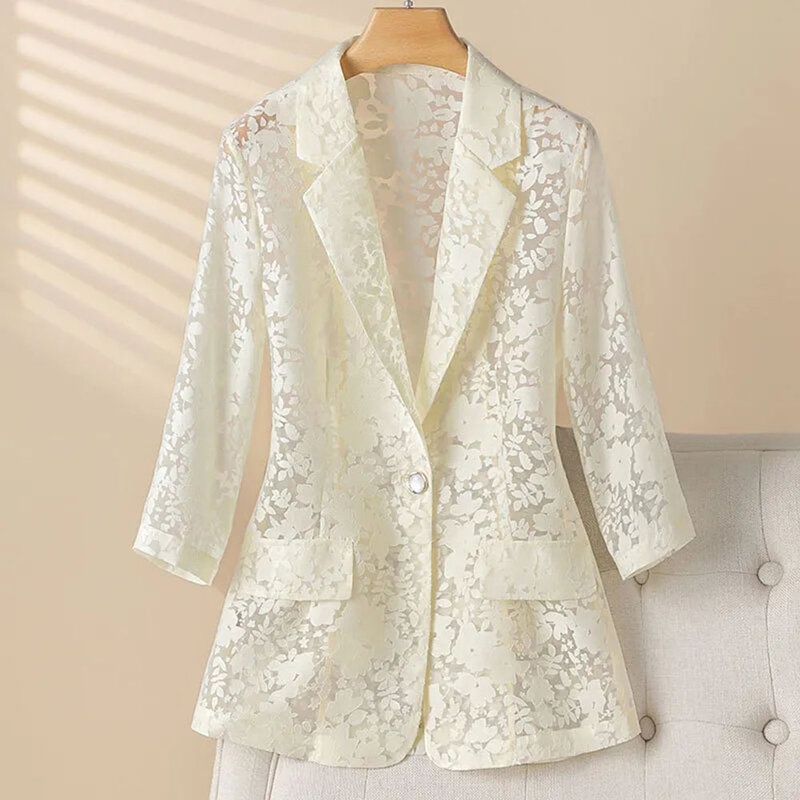 Mantel blazer ramping untuk wanita, atasan tipis setengah lengan putih elegan tabir surya renda Organza musim panas untuk wanita
