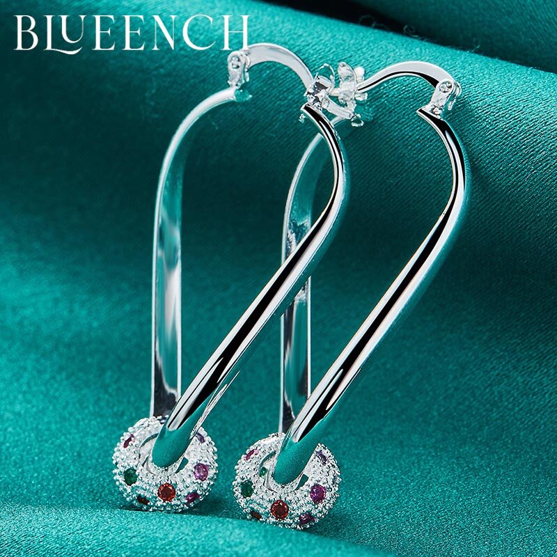Blueench 925 Sterling Silver Color Zircon Hoop Earrings Suitable For Ladies Wedding Party Fashion Charm Jewelry