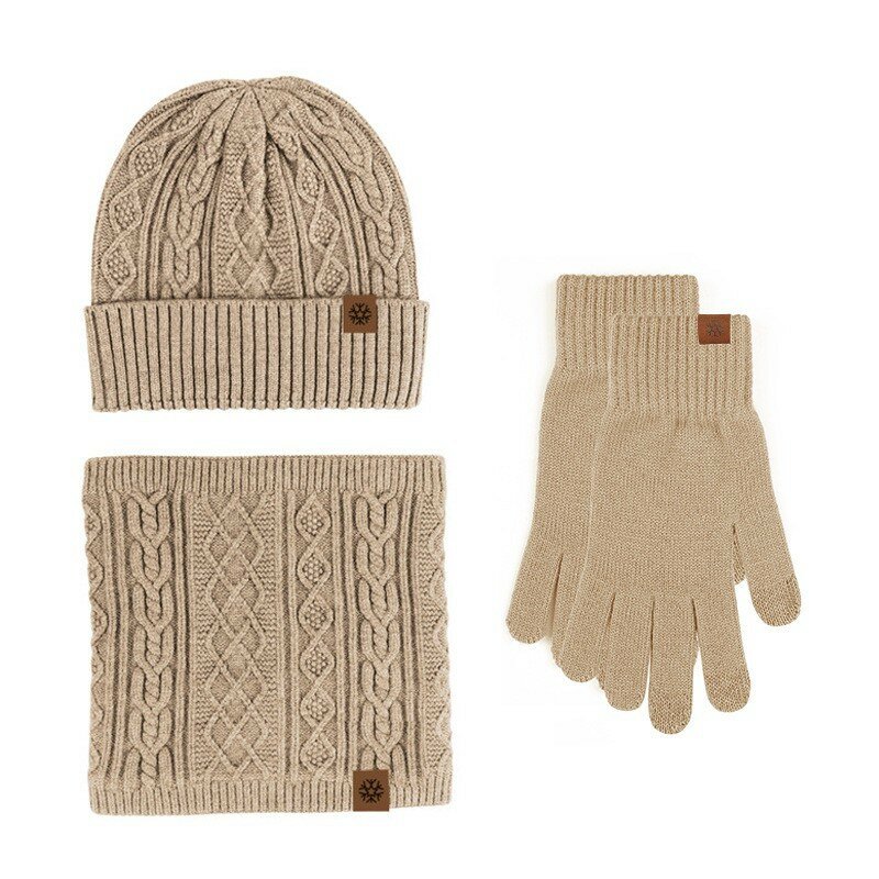 Men Women Winter Knit Gloves Hat Scarf three-piece Touch Screen Outdoor Windproof Padded Warm Wool  Hat Scarf And Glove Set