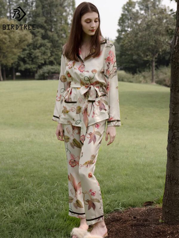 Birdtree-Conjunto de pijama de seda real para mulheres, manga comprida lapela, calça e cinto, casual e respirável, loungewear suave, outono, 90% respirável, S41449QD