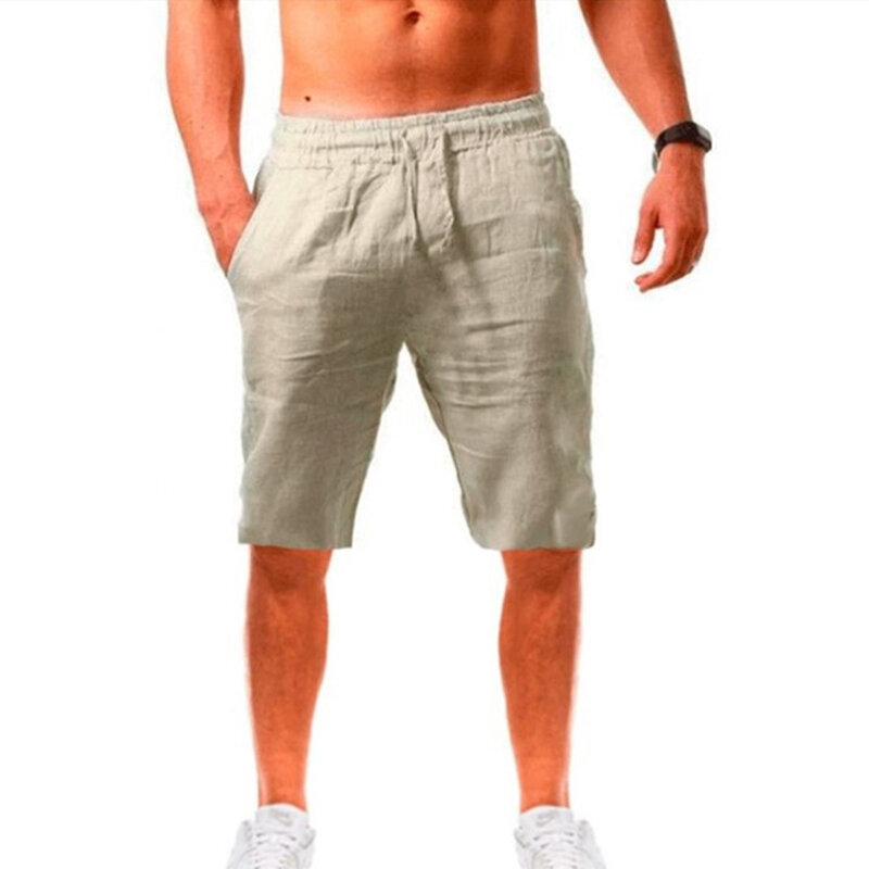 Calção de algodão de linho masculino com bolsos, calça curta casual respirável, calça elástica na cintura, monocromática, férias, verão 2024