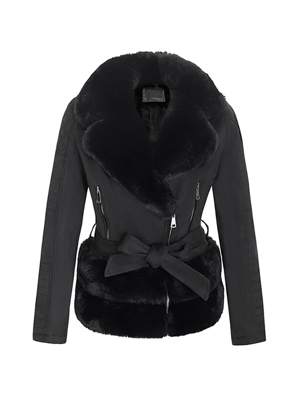 Giolshon 2022 nova jaqueta feminina inverno grosso quente do falso casaco de camurça com cinto gola de pele do falso jaquetas de couro do plutônio outwear