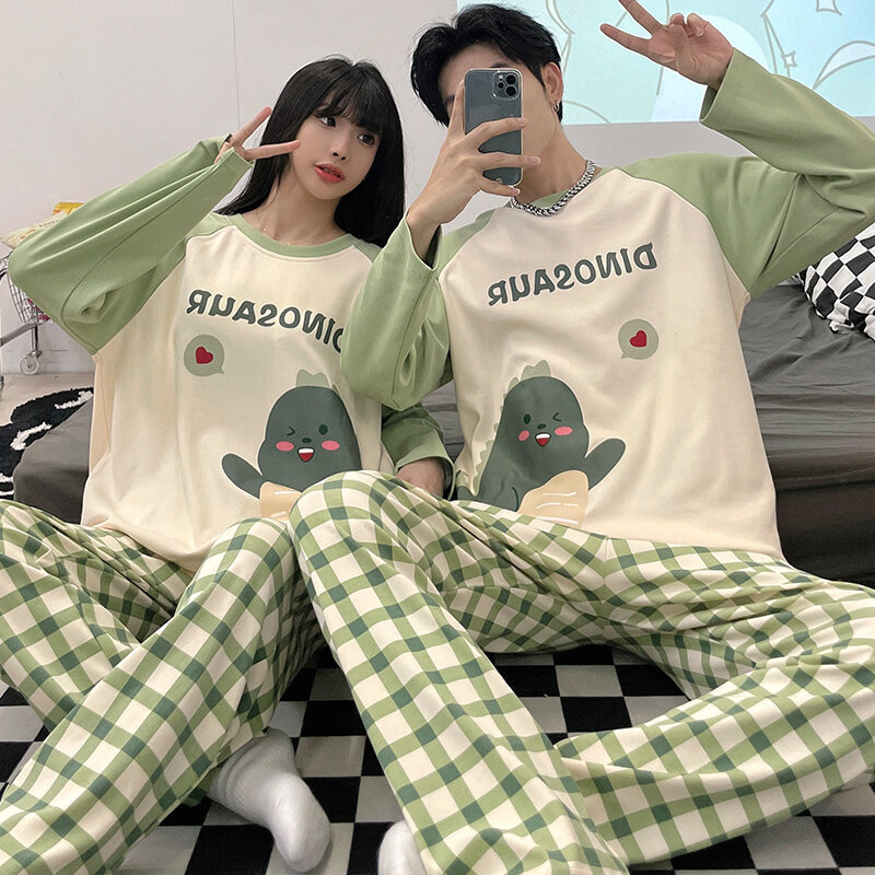 Pijama de algodón con dibujos animados de dinosaurios para hombre y mujer, ropa de dormir de manga larga, para estar en casa, de talla grande