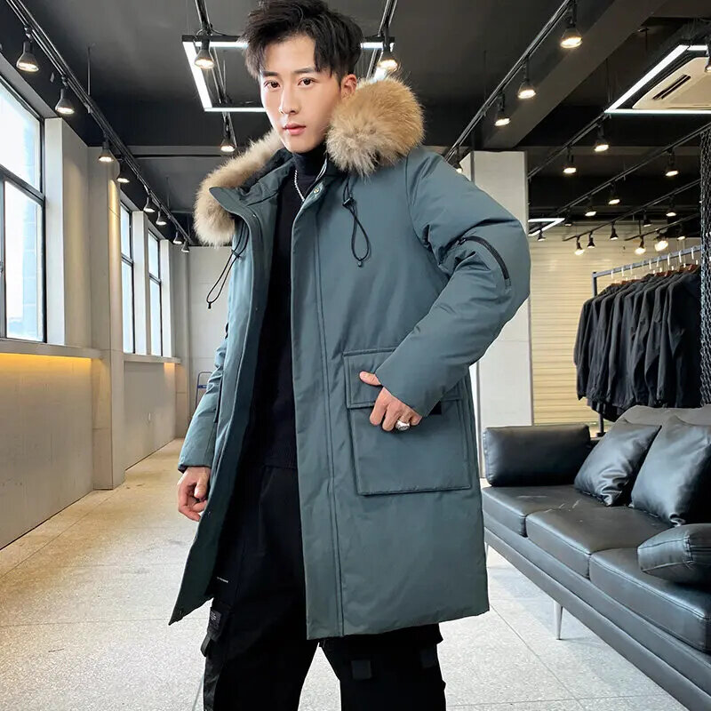 Parka grossa de capuz térmico masculina, jaqueta longa, casaco quente, estilo blusão, novo, inverno