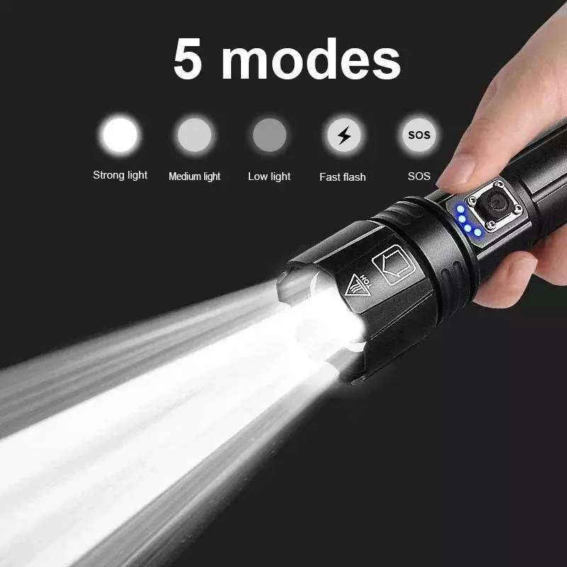 LED de alta potência lanterna recarregável de longo alcance, tocha tática, zoom lanterna USB mão para acampar, ao ar livre e uso de emergência