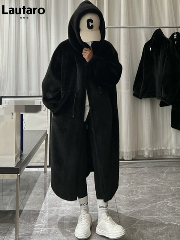 Lautaro Winter Long Oversized Warm Thick Blue White Fluffy Faux Fur Coat Women with Hood 2022 Loose Casual Korean Style Fashion