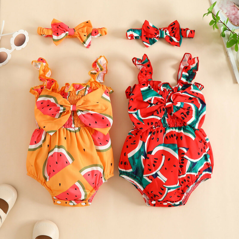 0-18 Months Infant Baby Girls Bodysuits Watermelon Prints Bowknot Summer Sleeveless Romper+Headbands Sets Baby Clothes Girls