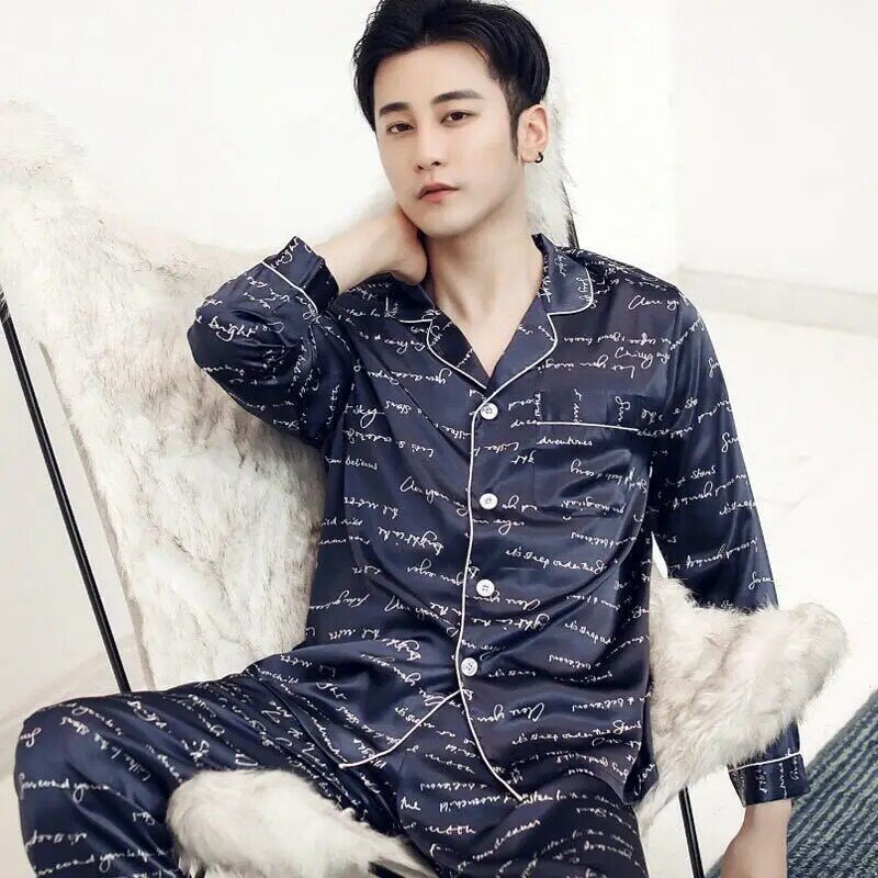 Conjunto de pijamas de seda para jovens e de meia idade, seda imitada, manga comprida, primavera e verão, cavalheiro, high-end