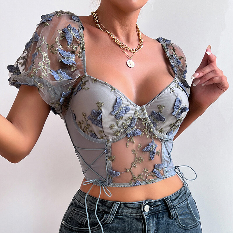 Puff Sleeve Crop Tops For Women Short Sleeve Mesh Embroidery Patchwork Boho Spring Floral V Neck Tee Shirts Corset Tops