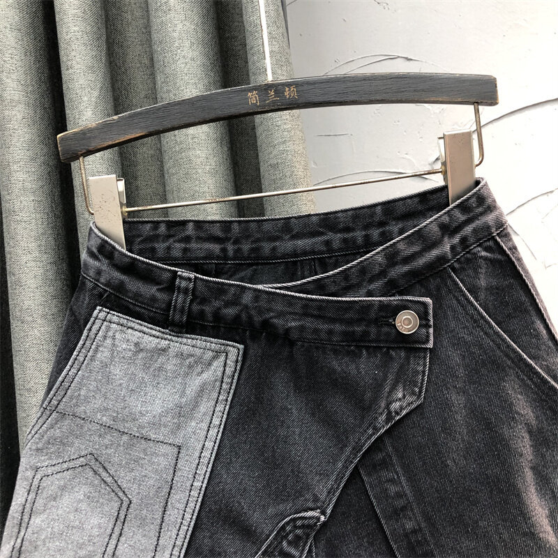 Shorts e saia jeans europeus de duas peças para mulheres, nova moda, bolso com patchwork, botão linha A, calças largas quentes, verão