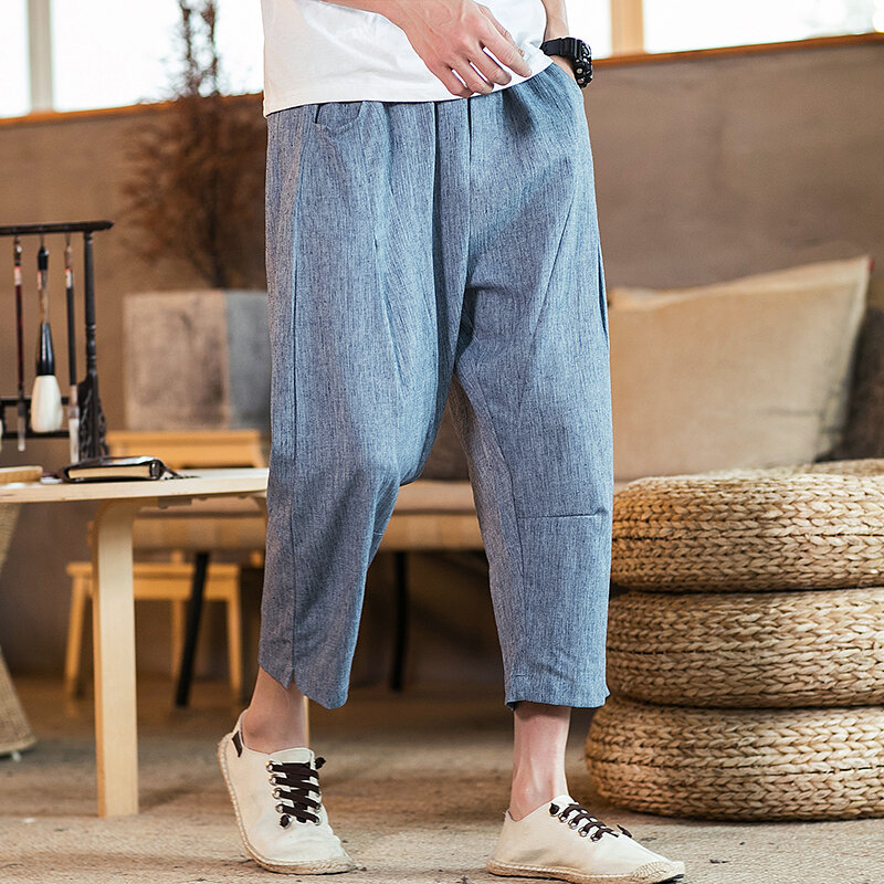 Men Harem Pants Harajuku Style Joggers Cotton Linen Calf-Length Pants Men Loose Spring Summer Men Casual Pants New Streetwear