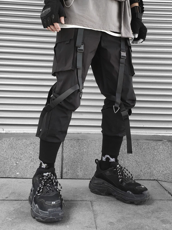 Biegaczy Cargo spodnie dla mężczyzn Casual Hip Hop Hit kolorowy kieszeń męskie spodnie dresowe Streetwear wstążki Techwear spodnie