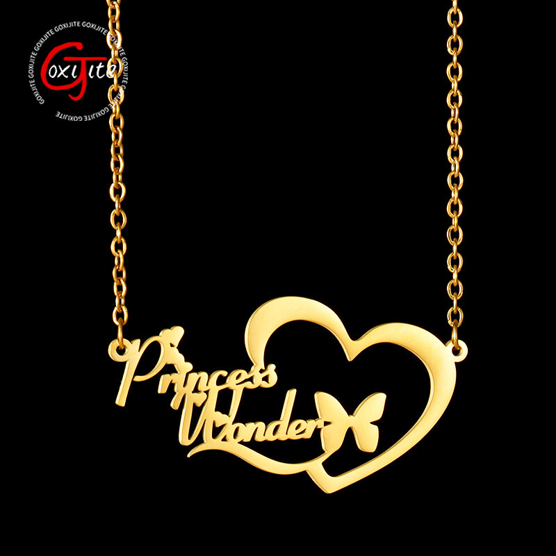 Goxijite-Custom 2 Nomes Big Heart Butterfly Necklace para Mulheres e Meninas, Aço Inoxidável, Jóias Personalizadas, Presente de Aniversário