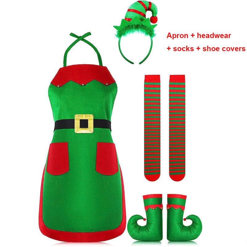 Adults Christmas Elf Costume Xmas Santa Claus Green Elf Apron Tights Women And Men Family Matching Outfits Cosplay Clothing Sets