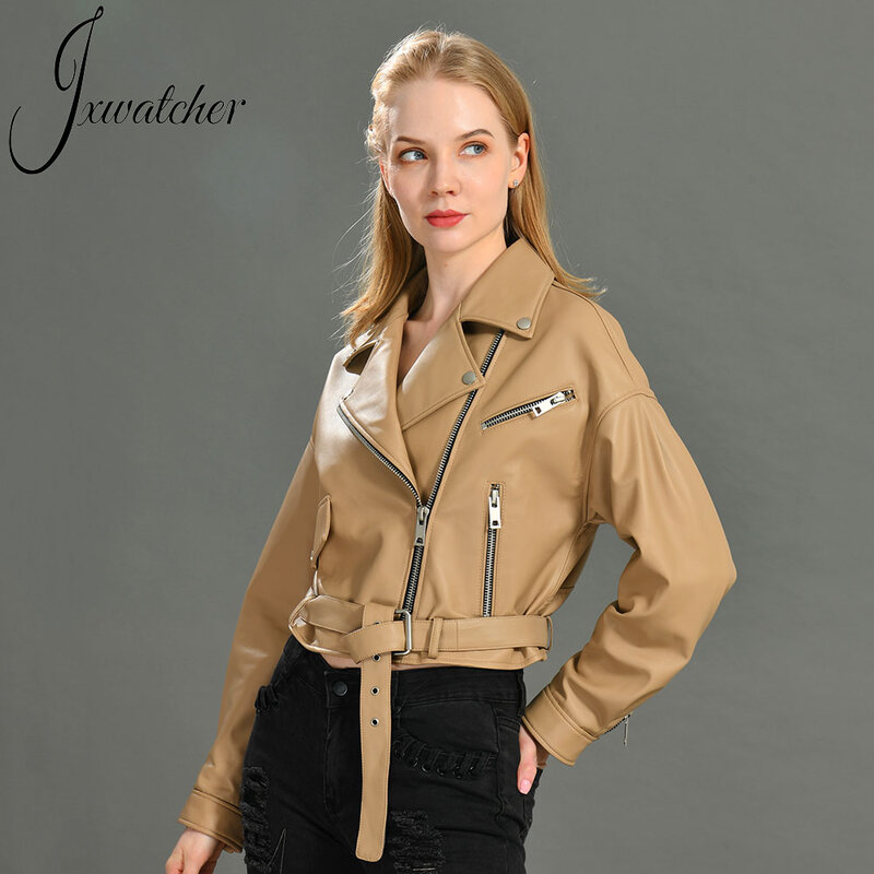 Jxwatcher-Chaqueta de cuero auténtico para mujer, abrigo corto de estilo fresco con cinturón, de piel de oveja auténtica, clásico, para otoño