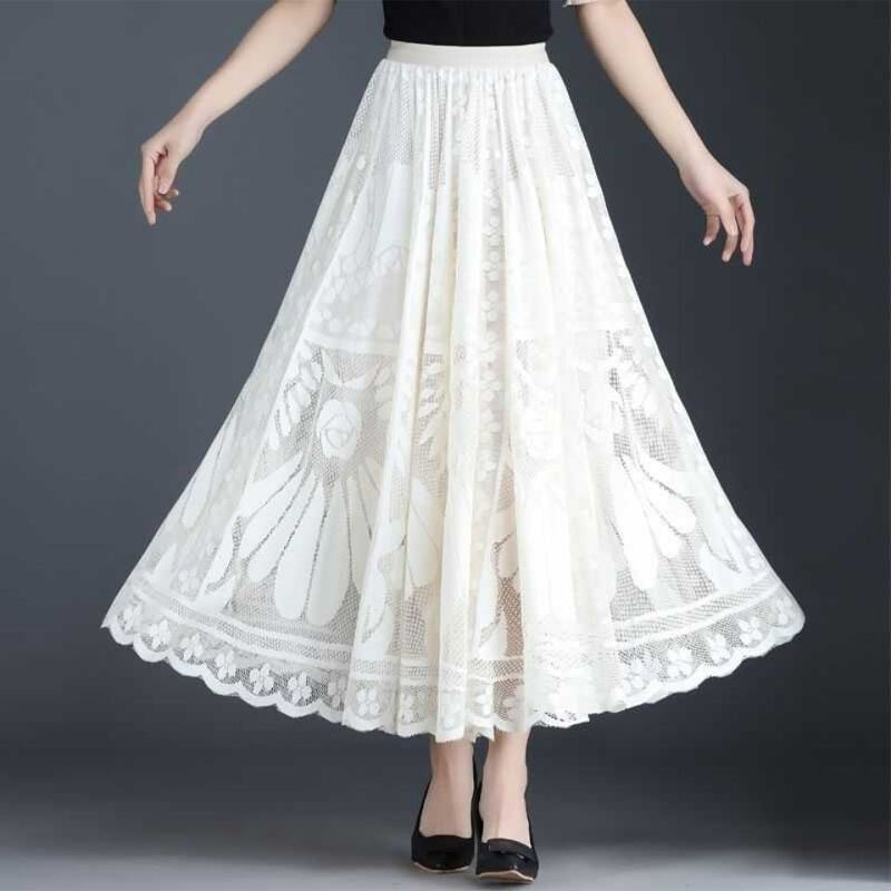 Women's Clothing Elegant Fashion Lace Spliced Mesh Skirt Autumn All-match Elastic High Waist Casual Solid Color Skirt for Female