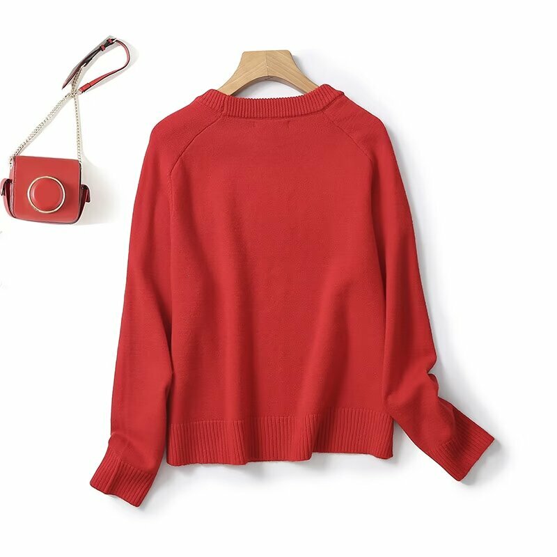 Women 2023 New Fashion Cropped Red Solid Casual Knitted Sweater Vintage O Neck Long Sleeve Female Pullovers Chic Tops