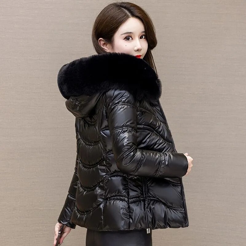Down Cotton Jacket For Women In Winter, New Slimming And Slimming Style, Large Fur Collar, Shiny Surface, No Wash Cotton Jacket