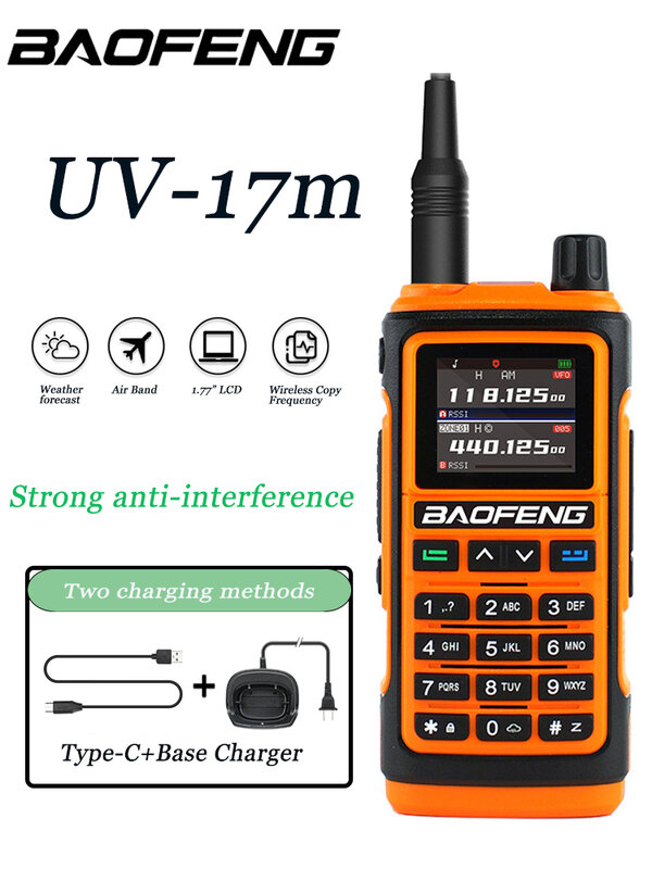 Baofeng UV-17Mトランシーバー、長い範囲、エアバンド、ワイヤレスコピー周波数、タイプC充電、fm、am、uv 5r、双方向ラジオ、6バンド、999ch