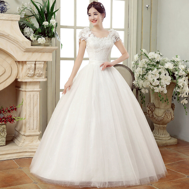 Elegant Wedding Dresses Short Sleeves V-Neck Net Rhinestone Backless lace up Bridal Ball Gown
