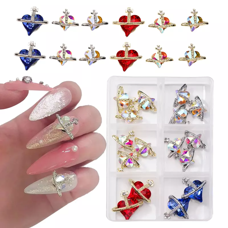 6 griglie Multicolor strass Saturn Cross Nail Charm Gemstone Crystal Sparkle accessorio per la decorazione di Nail Art di lusso