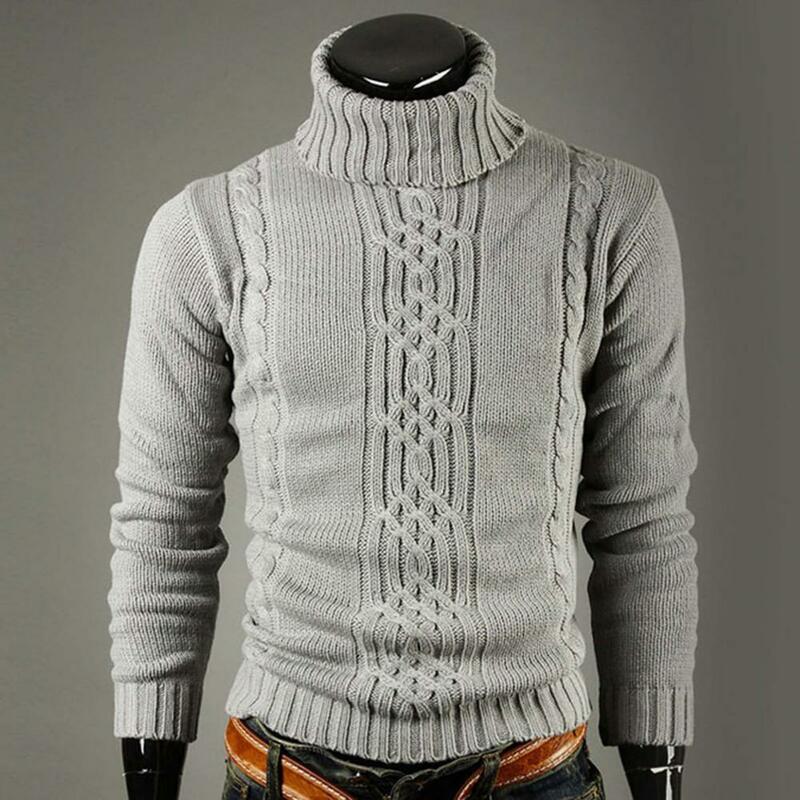 Suéter masculino de malha de gola alta, algemas com nervuras, suéter apertado, roupa casual fina, inverno