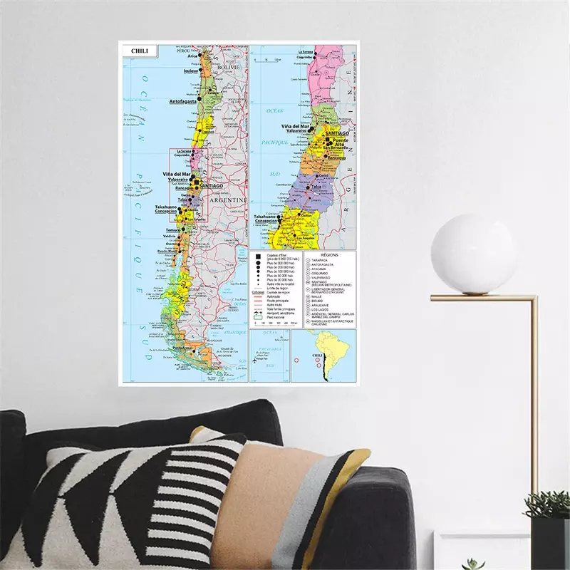 150*225 см политическая карта Чили (на французском языке), большой плакат, Нетканая холщовая картина, гостиная, украшение для дома, школьные принадлежности