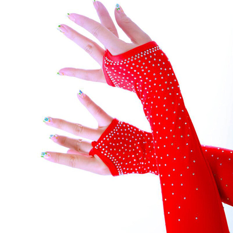 Seksowne koronkowe rękawiczki łaciński parkiet występ na scenie rękawy naramienne kobiece oczka Flash wiercenie Rhinestone pół palca rękawiczki S155