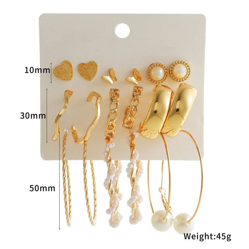 Fashionable Gold Pearl Pendant Earrings Set Women's Geometric Star Long Chain Hoop Earrings Gold Plated Jewelry
